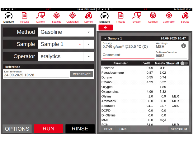 Two software screens form the portable FTIR analyzer eraspec X
