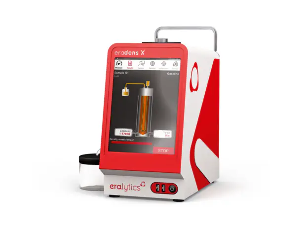 Analyzer in a red and white colored aluminium housing measuring density