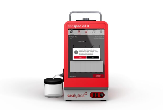 An eraspec oil X FTIR lube oil analyzer showing the results screen