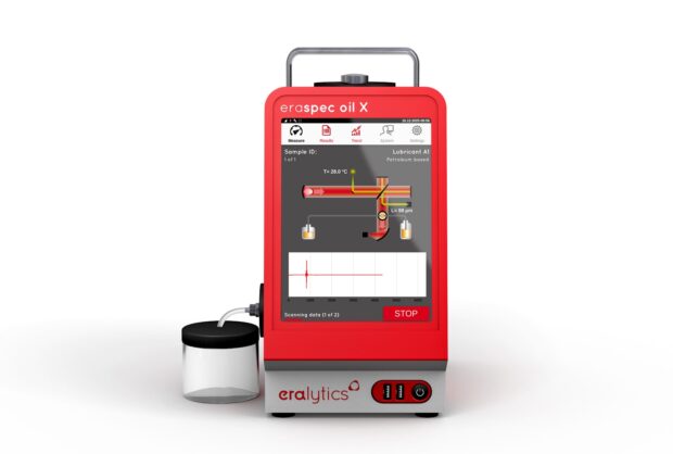 An eraspec oil X FTIR lube oil analyzer showing the measurement screen