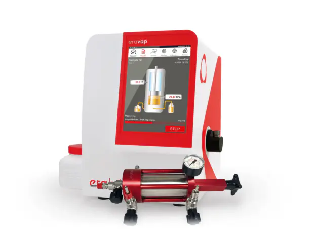 The vapor pressure tester ERAVAP for crude oil and an eralytics Manual Piston Cylinder in front of it.