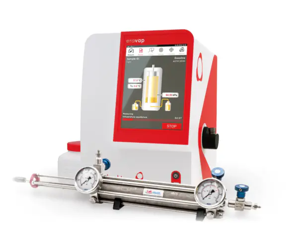 The vapor pressure tester ERAVAP and a Floating Piston Cylinder in front of it.